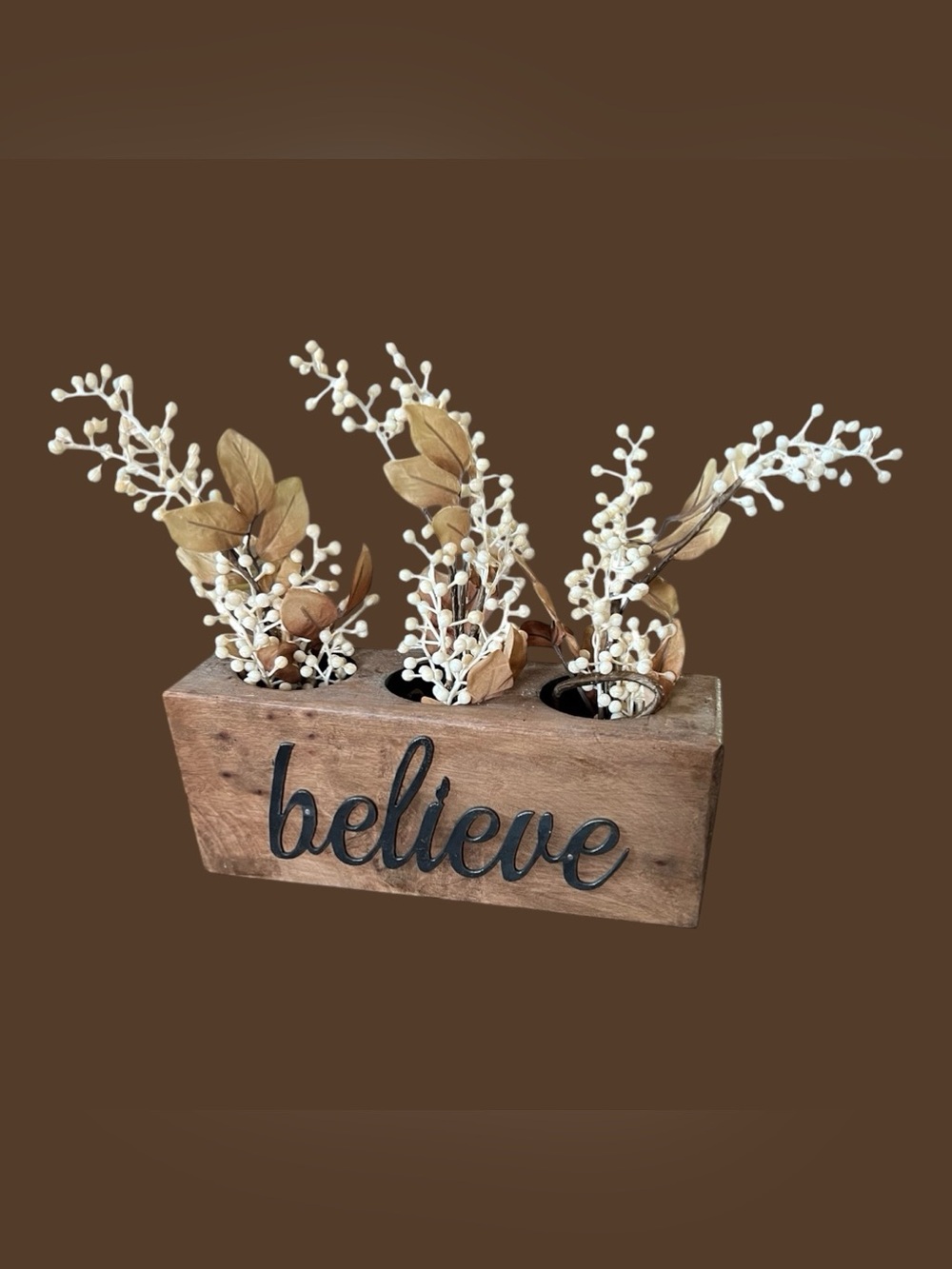 Wooden 'Believe' Decorative pencil fake flower holder-Brown with Black Script